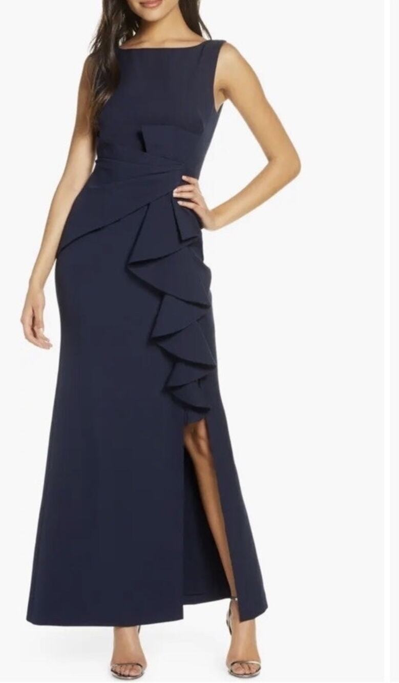 Eliza J Navy Ruffle Front Sleeveless Bateau Neck Evening Cocktail Gown Size 6